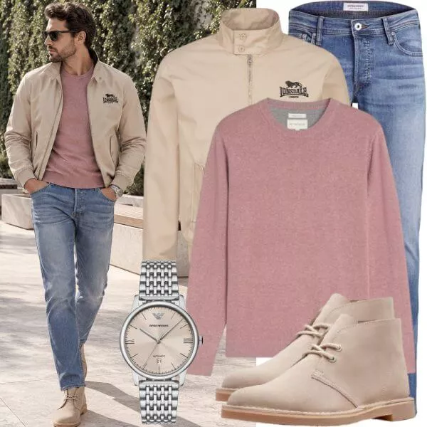 Herbst Outfits Herbst Outfit Herren mit Bomberjacke und Rosa Pullover