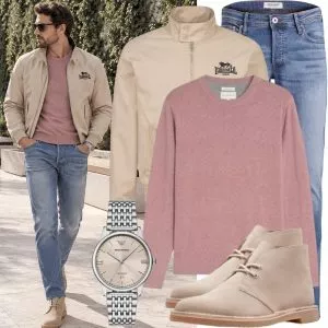 Herbst Outfits Herbst Outfit Herren mit Bomberjacke und Rosa Pullover