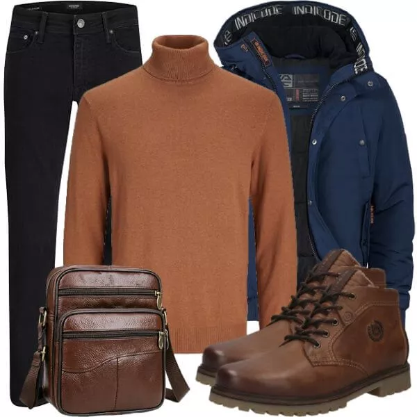 Herbst Outfits Herbst Outfit Herren mit Parka und Karamell Rollkragenpullover