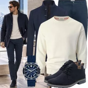 Business Outfits Business Outfit Herren mit Dunkelblauem Mantel und Creme Pullover
