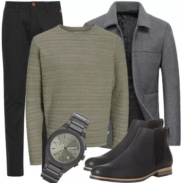 Business Outfits Business Outfit Herren mit Wollmantel und Olivem Pullover