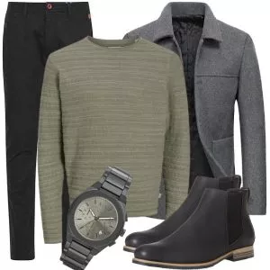 Business Outfits Business Outfit Herren mit Wollmantel und Olivem Pullover