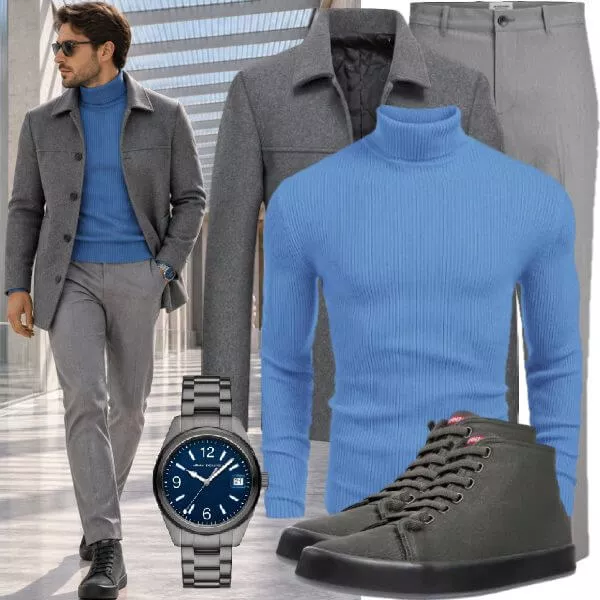 Business Outfits Business Outfit Herren mit Grauem Mantel und Blauem Rollkragenpullover