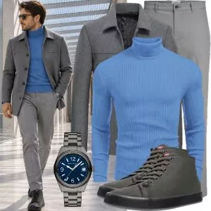 Business Outfits Business Outfit Herren mit Grauem Mantel und Blauem Rollkragenpullover