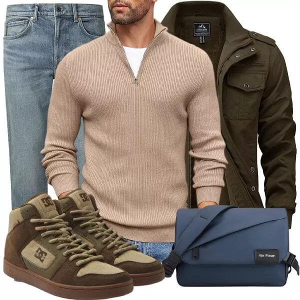 Herbst Outfits Herbst Outfit Herren mit Olivgrüner Jacke und Beigem Zip Pullover