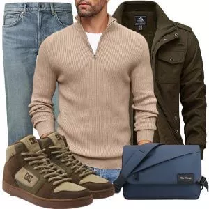 Herbst Outfits Herbst Outfit Herren mit Olivgrüner Jacke und Beigem Zip Pullover