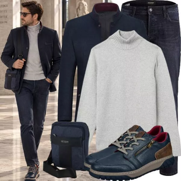 Business Outfits Business Outfit Herren mit Dunkelblauem Mantel und Weißem Rollkragenpullover