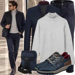 Business Outfits Business Outfit Herren mit Dunkelblauem Mantel und Weißem Rollkragenpullover