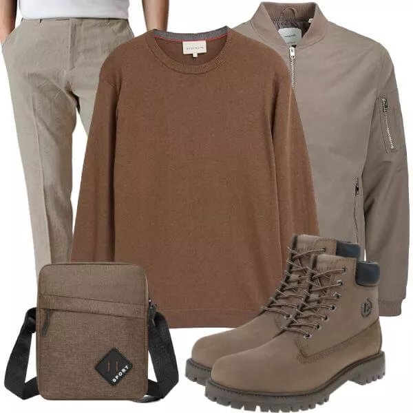 Herbst Outfits Herbst Outfit Herren mit Bomberjacke und Braunem Pullover
