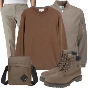 Herbst Outfits Herbst Outfit Herren mit Bomberjacke und Braunem Pullover