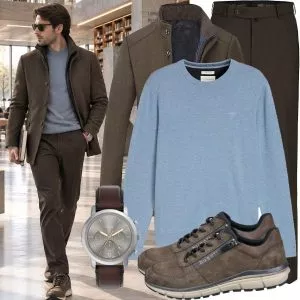 Business Outfits Business Outfit Herren mit Braunem Mantel und Hellblauem Pullover