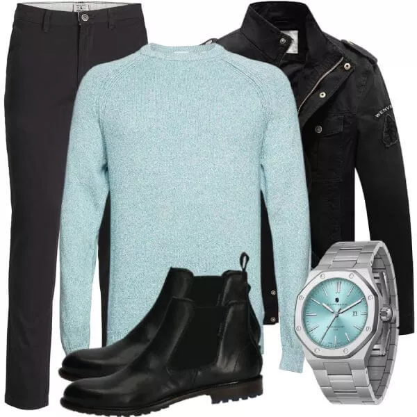 Business Outfits Business Outfit Herren mit Schwarzer Lederjacke und Türkisem Pullover