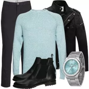 Business Outfits Business Outfit Herren mit Schwarzer Lederjacke und Türkisem Pullover