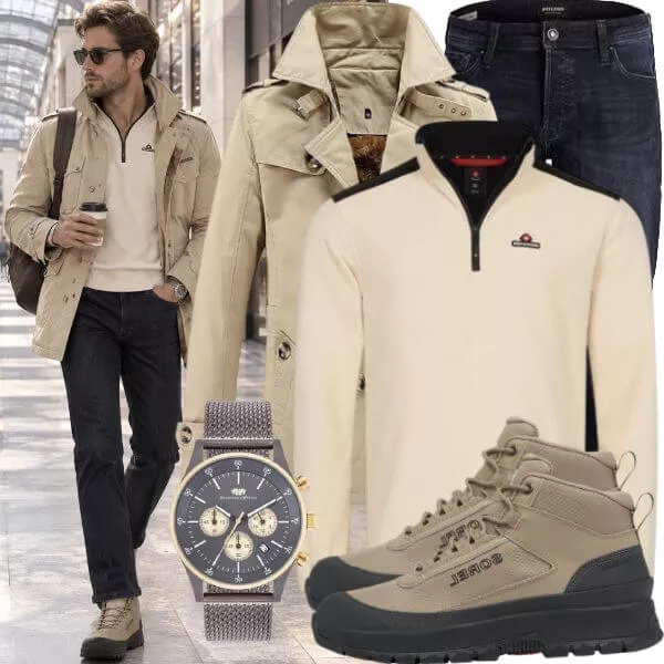 Business Outfits Business Outfit Herren mit Trenchcoat und Beigem Zip Pullover