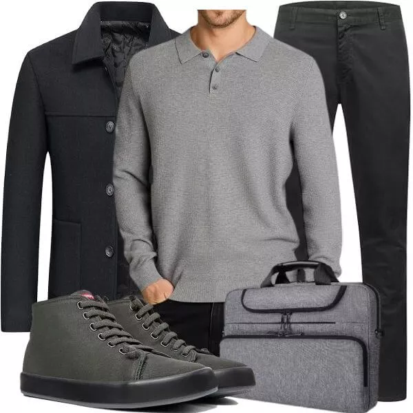 Business Outfits Business Outfit Herren mit Schwarzem Mantel und Grauem Poloshirt
