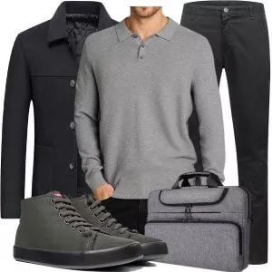 Business Outfits Business Outfit Herren mit Schwarzem Mantel und Grauem Poloshirt