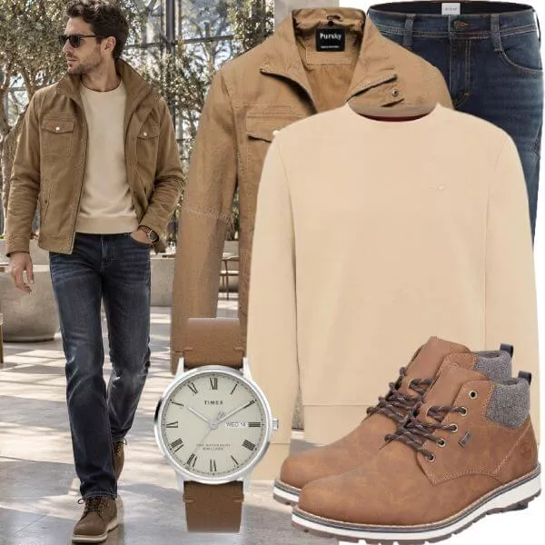 Herbst Outfits Herbst Outfit Herren mit Beiger Jeansjacke und Creme Rollkragenpullover