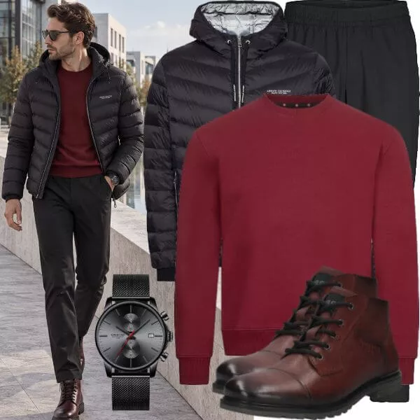 Business Outfits Business Outfit Herren mit Schwarzer Steppjacke und Bordeaux Sweatshirt