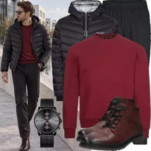 Business Outfits Business Outfit Herren mit Schwarzer Steppjacke und Bordeaux Sweatshirt