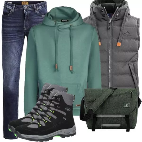 Casual Outfits Casual Outfit Herren mit Grauer Steppweste und Mint Hoodie