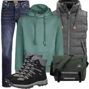 Casual Outfits Casual Outfit Herren mit Grauer Steppweste und Mint Hoodie