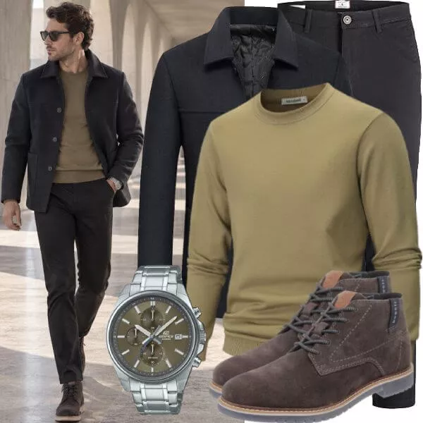 Business Outfits Business Outfit Herren mit Schwarzem Mantel und Olivgrünem Pullover