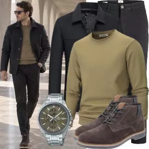 Business Outfits Business Outfit Herren mit Schwarzem Mantel und Olivgrünem Pullover