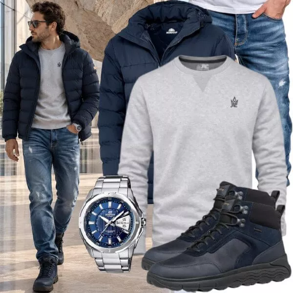 Herbst Outfits Herbst Outfit Herren mit Steppjacke und Grauem Sweatshirt