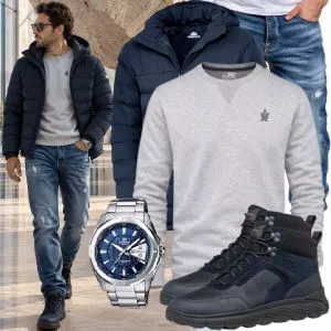Herbst Outfits Herbst Outfit Herren mit Steppjacke und Grauem Sweatshirt