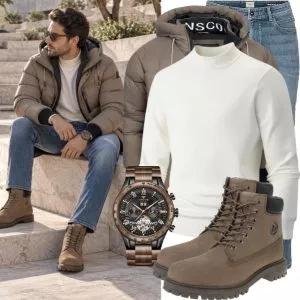 Casual Outfits Casual Outfit Herren mit NSCO Steppjacke und Cremefarbenem Rollkragenpullover