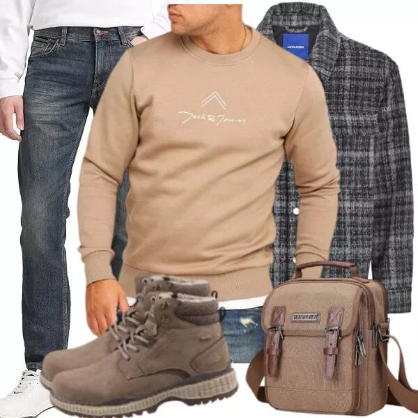 Casual Outfits Casual Outfit Herren mit Karierter Overshirt Jacke und Jack Jones Sweatshirt