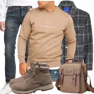 Casual Outfits Casual Outfit Herren mit Karierter Overshirt Jacke und Jack Jones Sweatshirt