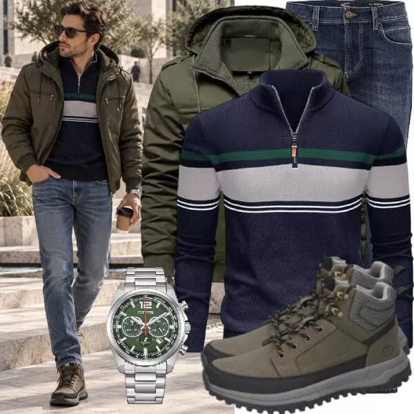 Herbst Outfits Herbst Outfit Herren mit Olivgrüner Jacke und Marine Streifenpullover