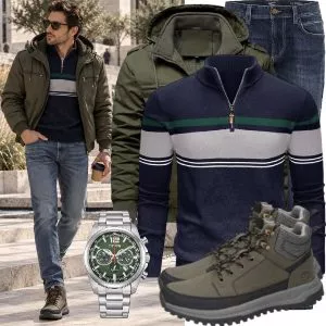 Herbst Outfits Herbst Outfit Herren mit Olivgrüner Jacke und Marine Streifenpullover