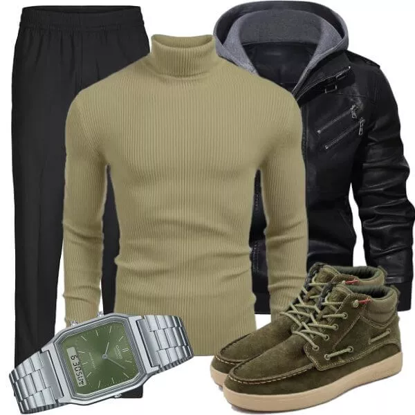 Business Outfits Business Outfit Herren mit Schwarzer Lederjacke und Olivgrünem Rollkragenpullover