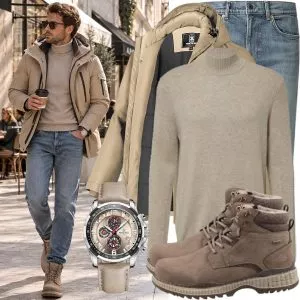 Herbst Outfits Herbst Outfit Herren mit Beigem Mantel und Cremefarbenem Rollkragenpullover