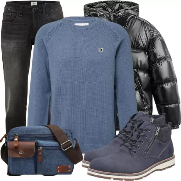Herbst Outfits Herbst Outfit Herren mit Schwarzer Glanzjacke und Blauem Pullover