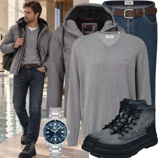 Casual Outfits Casual Outfit Herren mit Grauer Funktionsjacke und Grauem V-Ausschnitt Pullover