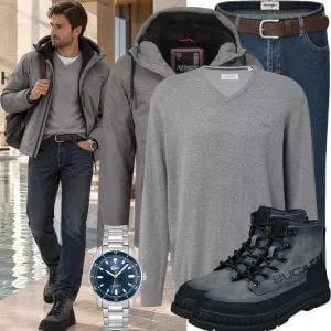 Casual Outfits Casual Outfit Herren mit Grauer Funktionsjacke und Grauem V-Ausschnitt Pullover