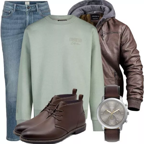 Casual Outfits Casual Outfit Herren mit Brauner Lederjacke und Mint Sweatshirt