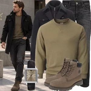 Business Outfits Business Outfit Herren mit Schwarzem Mantel und Olivgrünem Sweatshirt