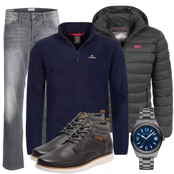 Herbst Outfits Herbst Outfit Herren mit Olivgrüner Steppjacke und Marineblauem Zip Pullover
