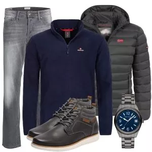Herbst Outfits Herbst Outfit Herren mit Olivgrüner Steppjacke und Marineblauem Zip Pullover