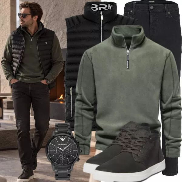 Casual Outfits Casual Outfit Herren mit Steppweste und Olivgrünem Zip Fleece Pullover