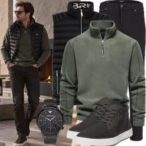 Casual Outfits Casual Outfit Herren mit Steppweste und Olivgrünem Zip Fleece Pullover
