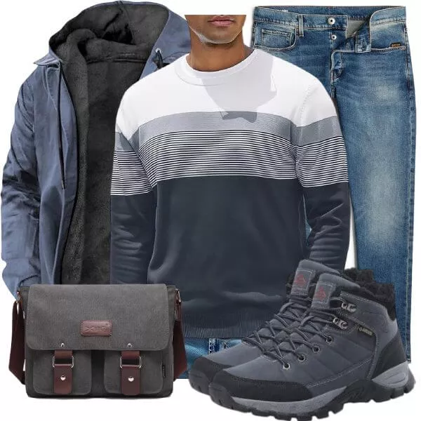 Herbst Outfits Herbst Outfit Herren mit Blauer Softshell Jacke und Blau Weißem Streifenpullover