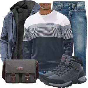 Herbst Outfits Herbst Outfit Herren mit Blauer Softshell Jacke und Blau Weißem Streifenpullover