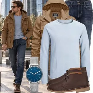 Herbst Outfits Herbst Outfit Herren mit Beiger Funktionsjacke und Hellblauem Pullover