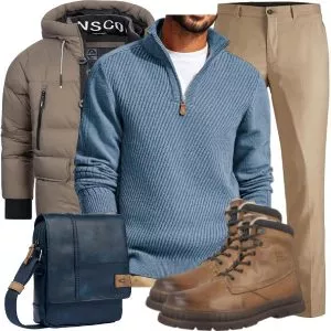 Herbst Outfits Herbst Outfit Herren mit NSCO Steppjacke und Hellblauem Zip Pullover