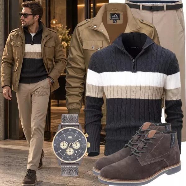 Business Outfits Business Outfit Herren mit Beiger Fieldjacket und Marine Colorblock Zopfpullover